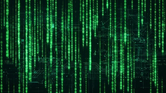 Abstract background of green digital matrix rain binary code