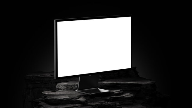 Dark minimalist desktop monitor mockup on black stone pedestal in moody studio lighting