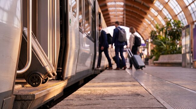 Business travelers boarding a modern train at a station platform during golden hour light
