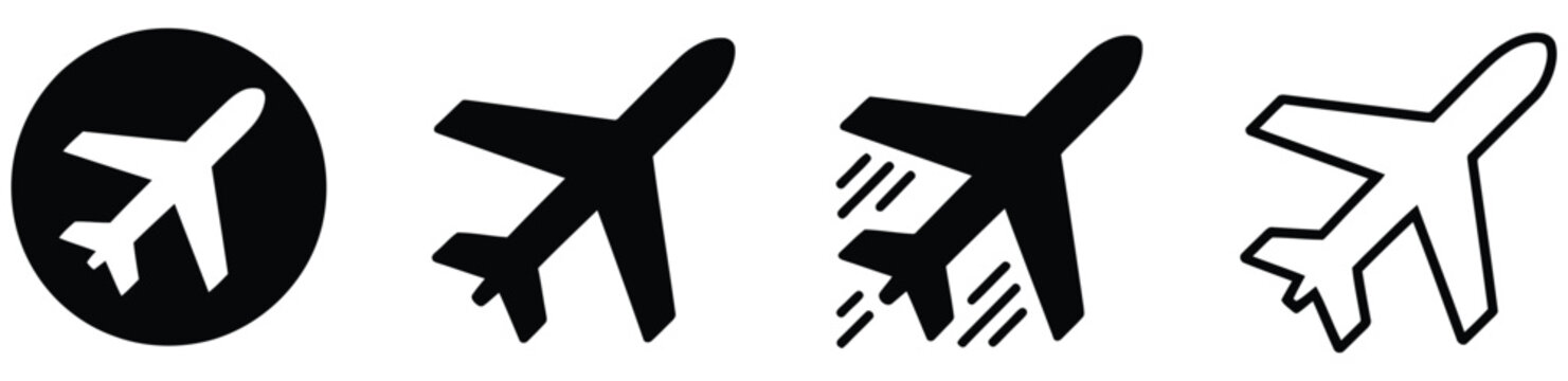 Airplane icon set. Flight mode symbol. Simple pictograms for airport departures, air travel, aviation logistics, vacation trip, and transportation design.