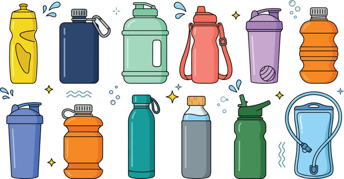Reusable Reusable Water Bottle and Sports Flask Set Featuring Shaker Cups Hydration Bladders and Insulated Thermos Elements for Fitness Hiking and Outdoor Activity Vector Designs