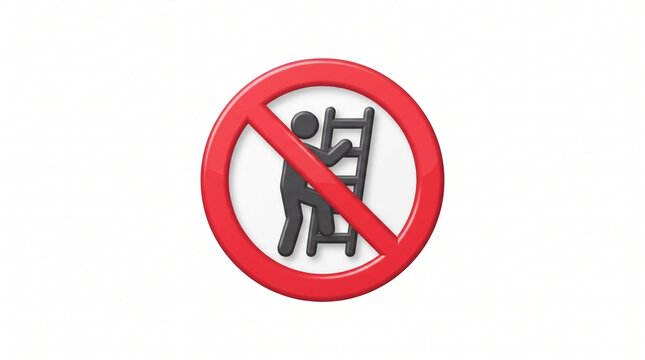 A clear prohibition sign illustrating a person attempting to climb a ladder, encircled by a red warning symbol, indicating a safety restriction or forbidden action in a specific area