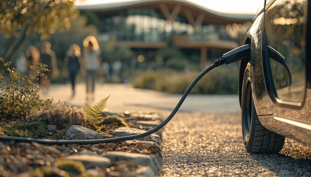 Autonomous electric shuttle bus charging at a station in a sunlit modern residential park