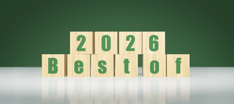 2026 Best of text on wooden blocks with green background - 3D rendering