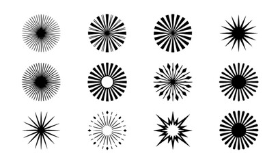 Obraz premium Radial sunburst and starburst vector set with geometric rays and decorative light burst elements
