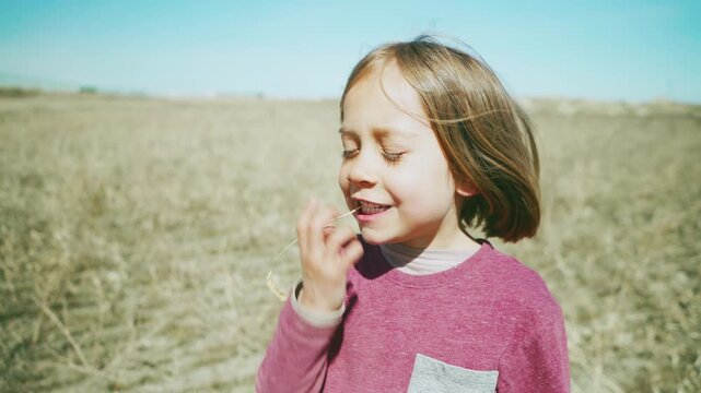 Boy chewing on grass stalk and laughing in open prairie close-up portrait