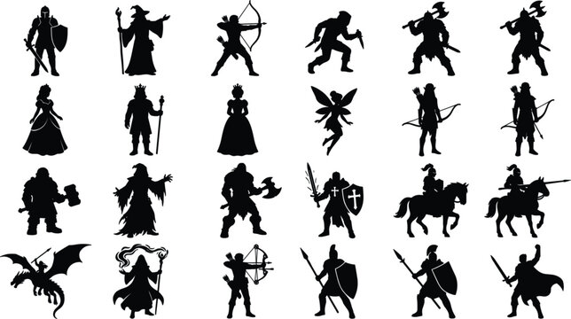 Medieval Fantasy Character Silhouette Icon Set with Knight, Wizard, Archer, Warrior, Fairy, King, Queen, and Dragon Rider Figures for RPG Game Design