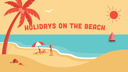Holidays on the beach vintage vector background with palm tree and sun tropical illustration vacation umbrella © Sadia