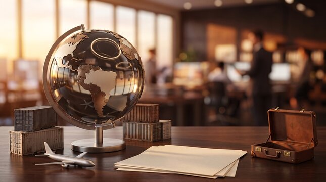 Global logistics concept with a metallic world globe and shipping containers on a desk