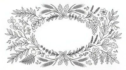 Obraz premium Line art label decoration vector illustration featuring an oval frame layout for product packaging and branding.