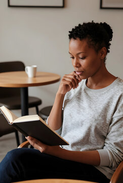 Lifelong learning and personal growth, woman reading a book in a quiet cafe for self improvement and mental wellness with focus and concentration