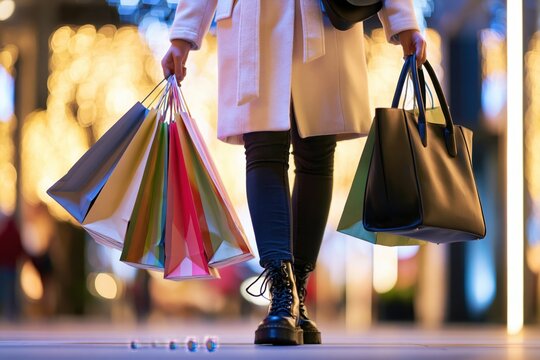 Woman walking with shopping bags. On black friday sale