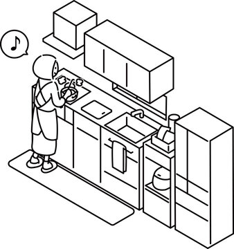 壁付けキッチンのアイソメ図(人あり)_線画