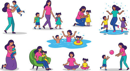 Fototapeta premium Mother and Child Activity Vector Set with Loving Motherhood Moments, Walking to School, Swimming, Playing, and Reading Book Together for Family Designs