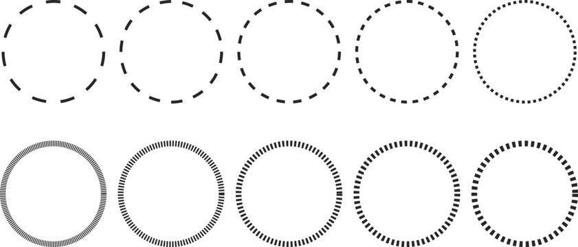 circle dashes icon set. dashed, dotted, solid, and patterned ring borders symbols