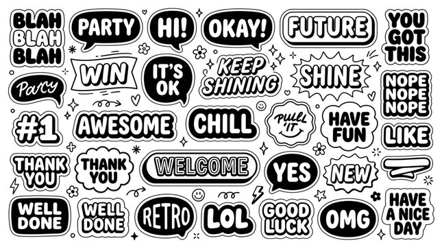 Set of black and white speech bubbles with positive and motivational phrases for social media stickers.