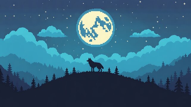 Wolf howling at full moon over forest hill