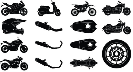 Fototapeta premium Motorcycle Types and Parts Icon Set Black Silhouette Vector Illustration – Sport Bike, Scooter, Helmet, Exhaust Pipe, Fuel Tank and Brake Disc Wheel Flat Icons for Biker and Automotive Design