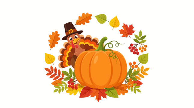 Turkey wearing a pilgrim hat stands behind a central pumpkin surrounded by an ornate wreath of autumn leaves.