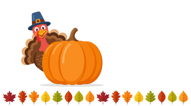 Cartoon turkey wearing a pilgrim hat peeks from behind a large orange pumpkin accompanied by autumn leaves.