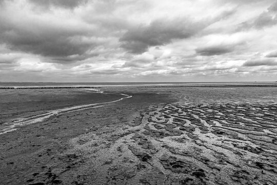 Ebbe, Aussicht auf das Wattenmeer bei Nebel,  Insel Amrum - Schwarz-Wei&szlig; Aufnahme 