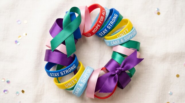 Colorful awareness ribbons and silicone wristbands in a circle, charity support bracelets with motivational text, medical hope and unity concept