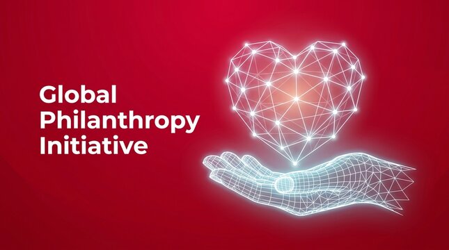 Global Philanthropy Initiative concept with glowing wireframe heart. Digital charity and donation banner. Red background with tech hand.