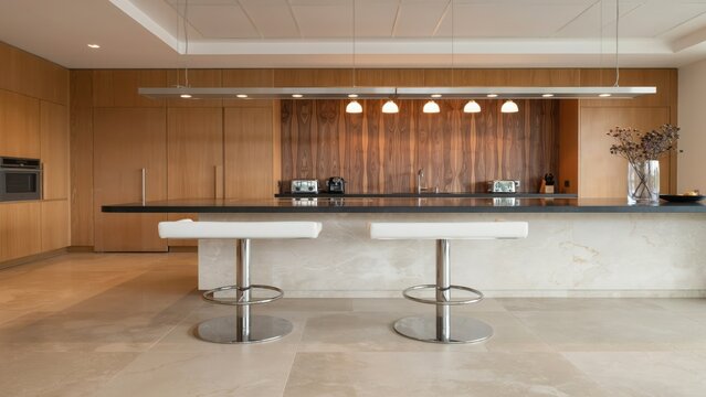 Modern kitchen interior with wood cabinets and breakfast bar stools