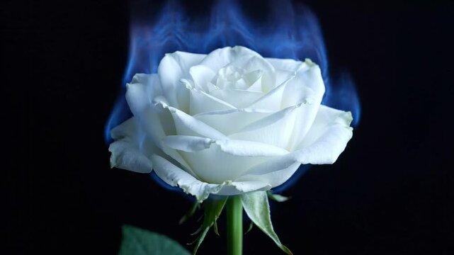 Macro Close Up of White Rose Burning with Blue Fire Flames Against Black Background