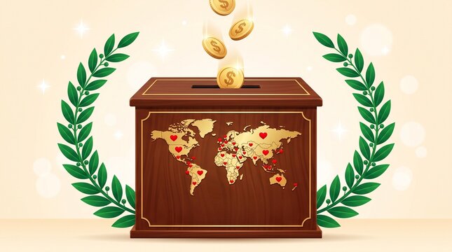 Charity donation box with world map and laurel wreath, global fundraising concept, wooden money box for international aid and philanthropy