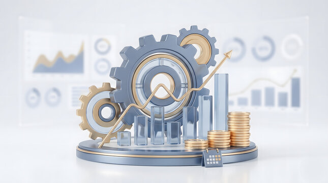 3D illustration of interlocking gears with upward growth trend arrow glass bar chart and coin stacks on podium business efficiency concept