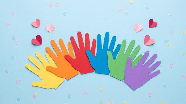 Colorful paper hand cutouts in rainbow colors, diverse community hands with pink hearts, unity and inclusion concept on blue background