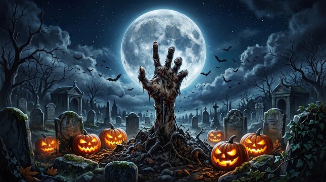 Zombie hands rising in dark Halloween night.