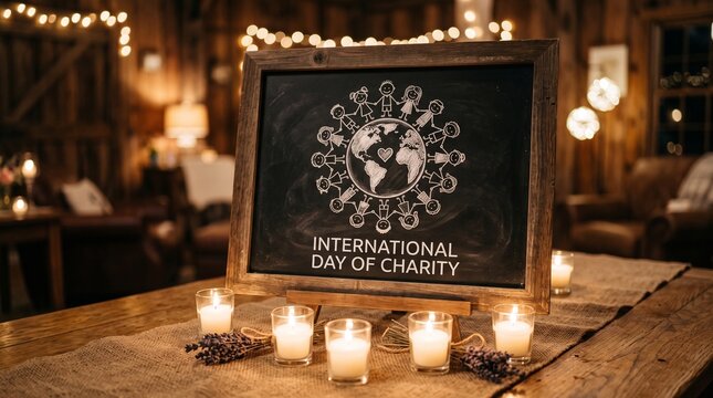 International Day of Charity chalkboard sign on rustic wooden table, philanthropic global event display with candles and warm bokeh lights