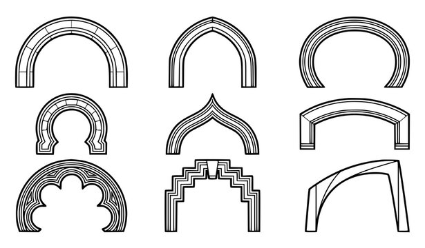 Nine Geometric Architectural Arch Designs Black Line Art Vector Illustration