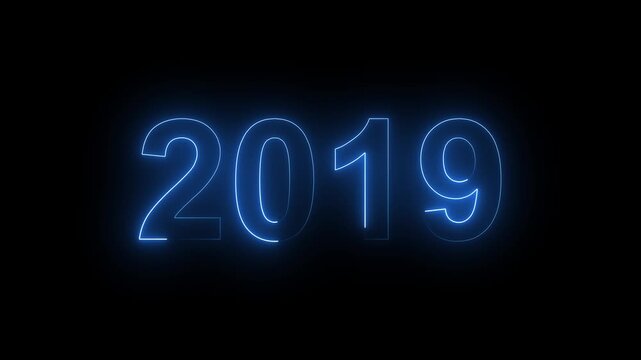 Blue Neon 2019 Year Text Graphic Isolated on Black Background.