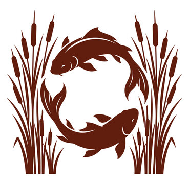 Brown fish swimming in circle with cattail plants on white background