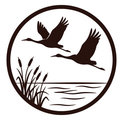 Naklejka premium Brown silhouette flying cranes over water and cattails in circle