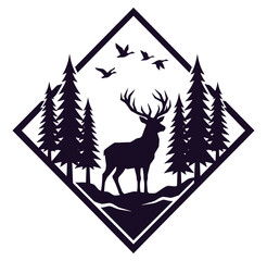 Naklejka premium Deer with large antlers standing among pine trees and flying birds in forest landscape