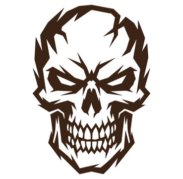 Brown skull head with sharp teeth and angry expression isolated on white background