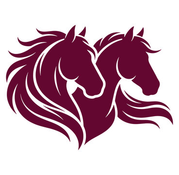 Burgundy silhouettes of two horses with flowing manes side by side