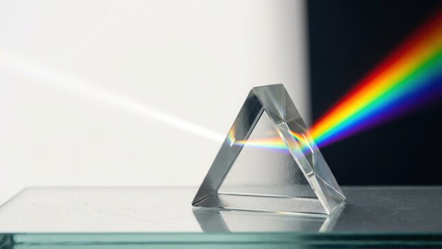Glass Prism Refracting White Light into Colorful Rainbow Spectrum