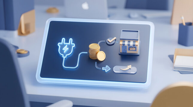 3D illustration of tablet screen with glowing power plug connected to gold coins checkmark small store and growth button electricity subsidy concept