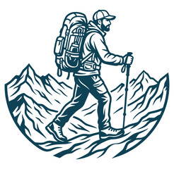 Fototapeta premium Man hiking with backpack and trekking poles in front of mountains