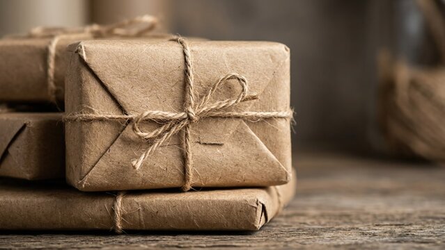 Rustic Gift Packages Wrapped in Brown Paper and Twine