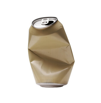 Standing Crushed Gold Aluminum Beverage Can Isolated on White
