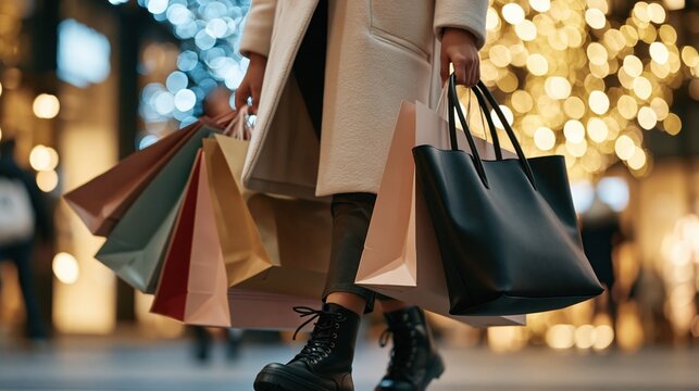 Woman walking with shopping bags. On black friday sale