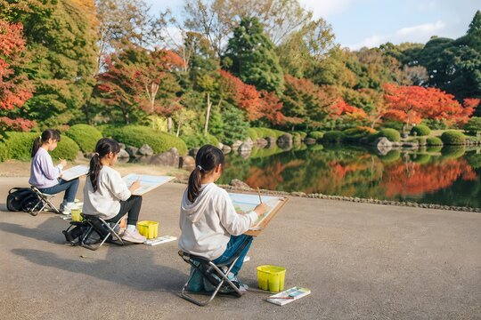 公園で写生をする子どもたち