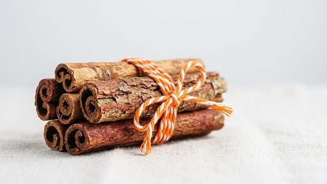 Stack of fresh cinnamon sticks tied with decorative orange and white twine