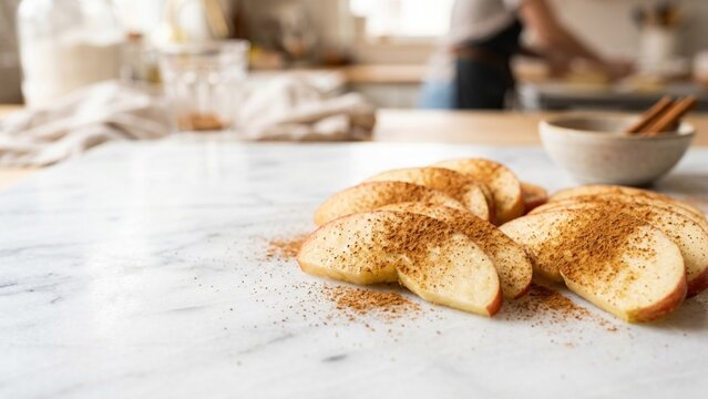 Fresh Apple Slices Sprinkled with Cinnamon on Marble Countertop